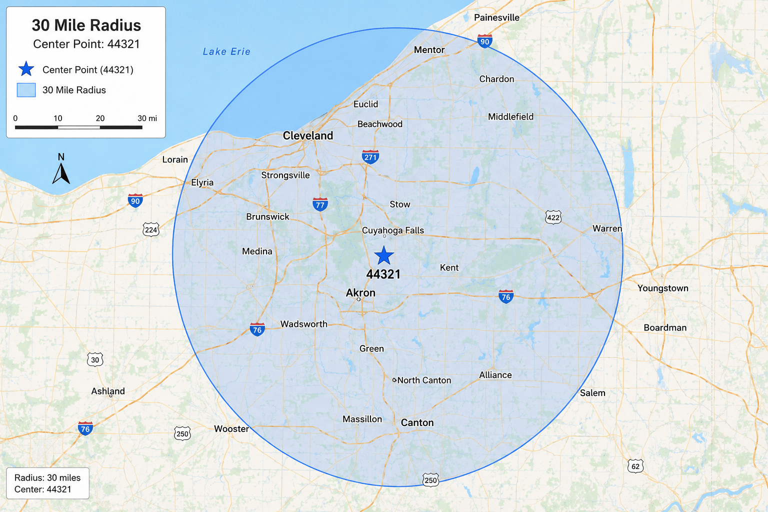 Map highlighting a 30-mile radius centered around the zip code 44321, encompassing major cities like Akron and Cleveland, with key highways indicated.