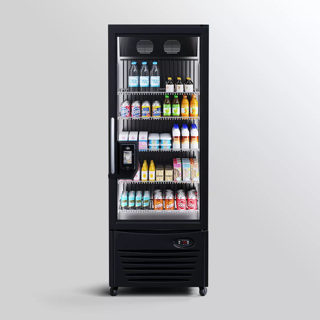 Refrigerated vending machine stocked with a variety of beverages, including water, sodas, juices, and dairy products, suitable for quick refreshments.